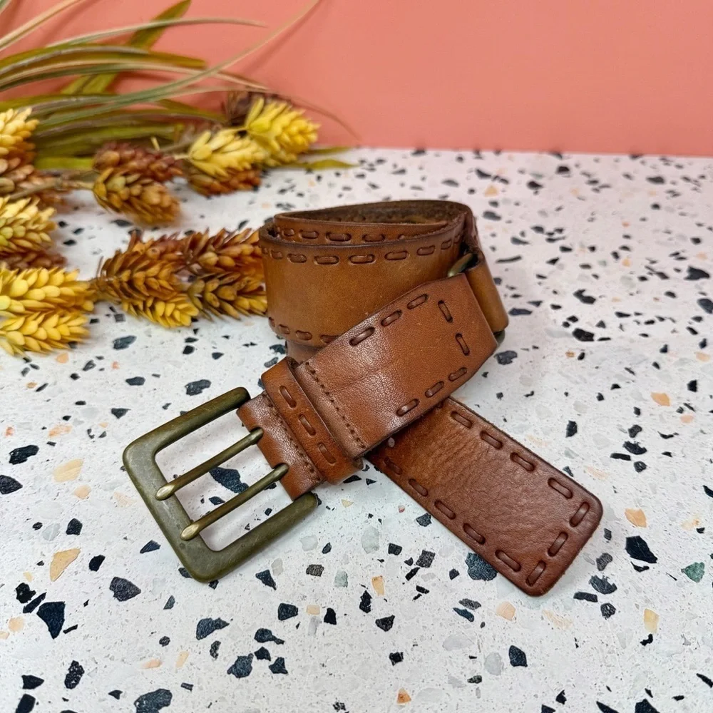 Fossil Vintage Brown Genuine Leather Brass Heritage Style 90s Y2K Belt Sz L